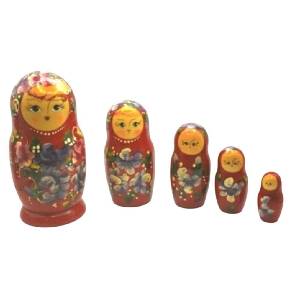 Vintage Russian Nesting Dolls Matryoshka Hand Painted Red Floral Wood 5 Pc Set